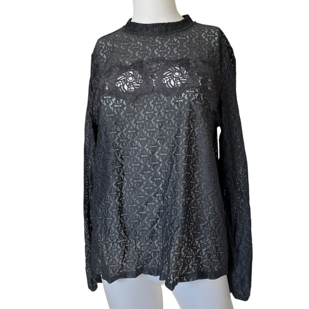 Dark Blue Lace Blouse Sheer Floral Pullover Ann Taylor LOFT Womens Size Medium M